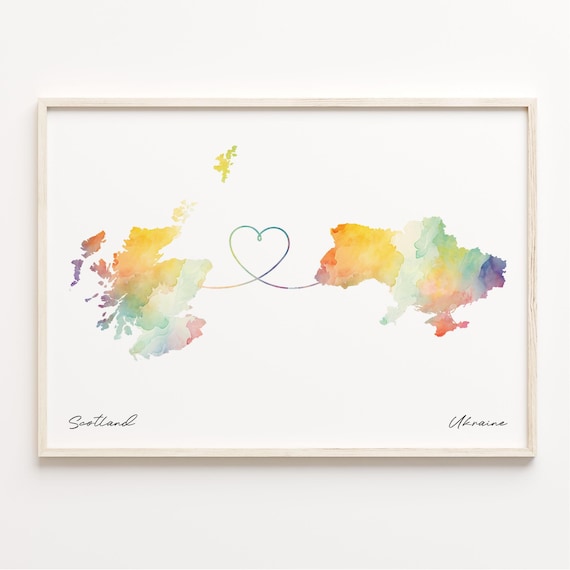 Scotland to Ukraine Watercolor Map Heart Long Distance Gift Poster