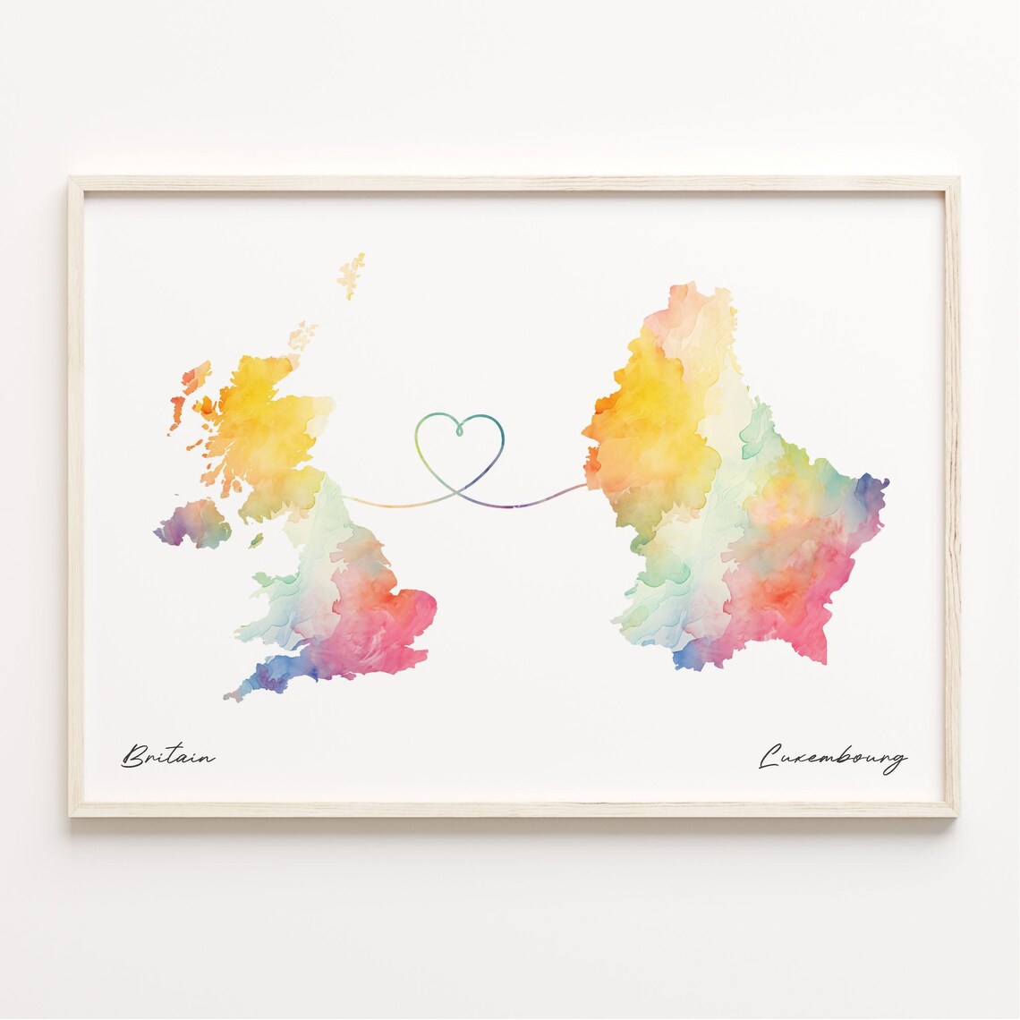 Britain to Luxembourg Watercolor Heart Map Long Distance Poster