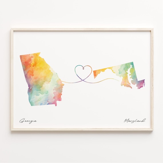 Georgia to Maryland Watercolor Map Heart Long Distance Gift Poster