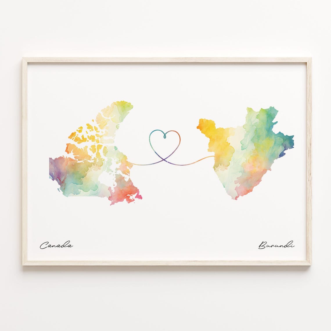 Canada to Burundi Watercolor Map Poster Heart Connection Distance Gift
