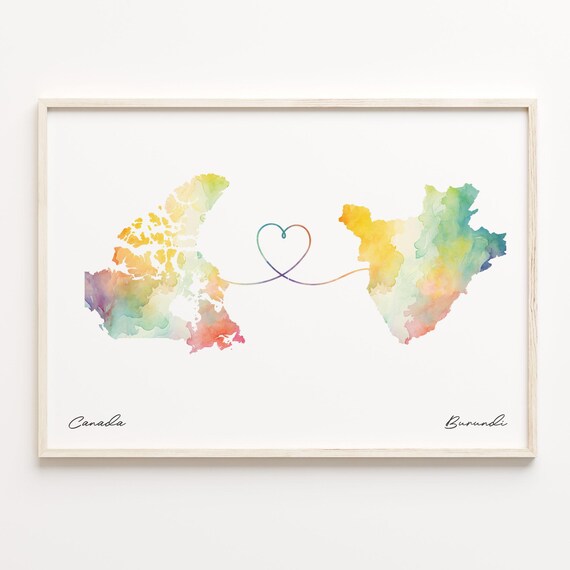 Canada to Burundi Watercolor Map Poster Heart Connection Distance Gift