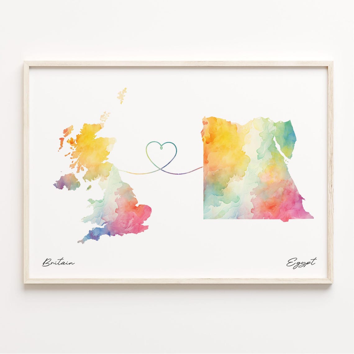 Britain to Egypt Watercolor Heart Map Long Distance Love Print