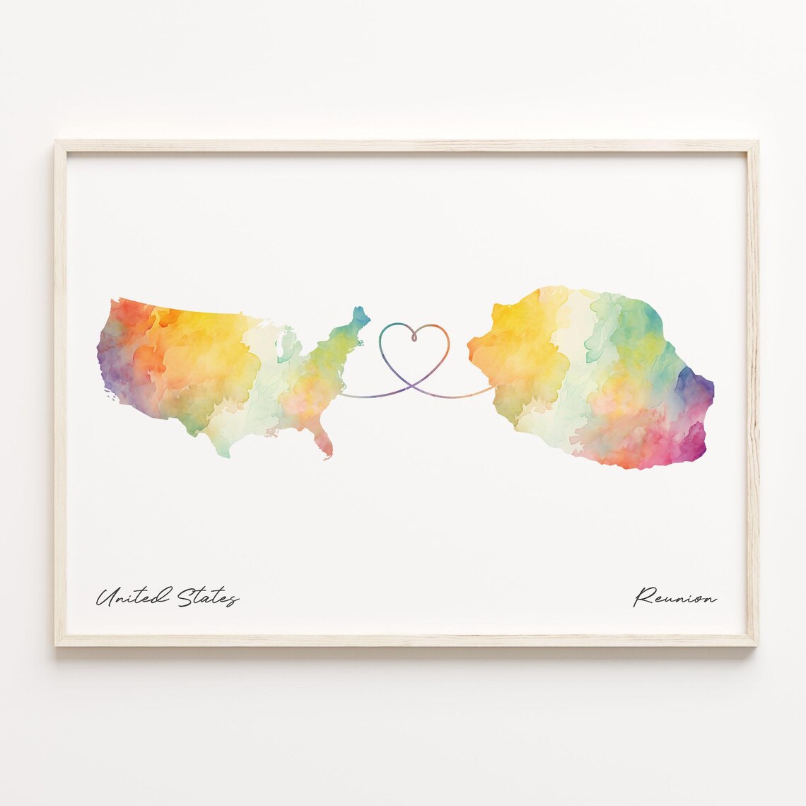 United States to Reunion Watercolor Map Long Distance Love Poster