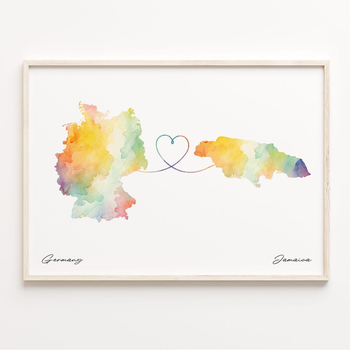 Germany To Jamaica Heart Loop Watercolor Map Couples Gift Poster