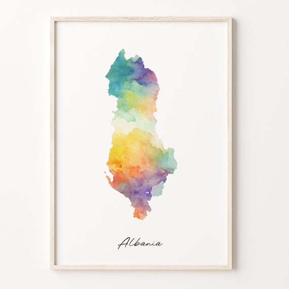 Albania Rainbow Watercolor Map Poster with Hand Lettered Country Script