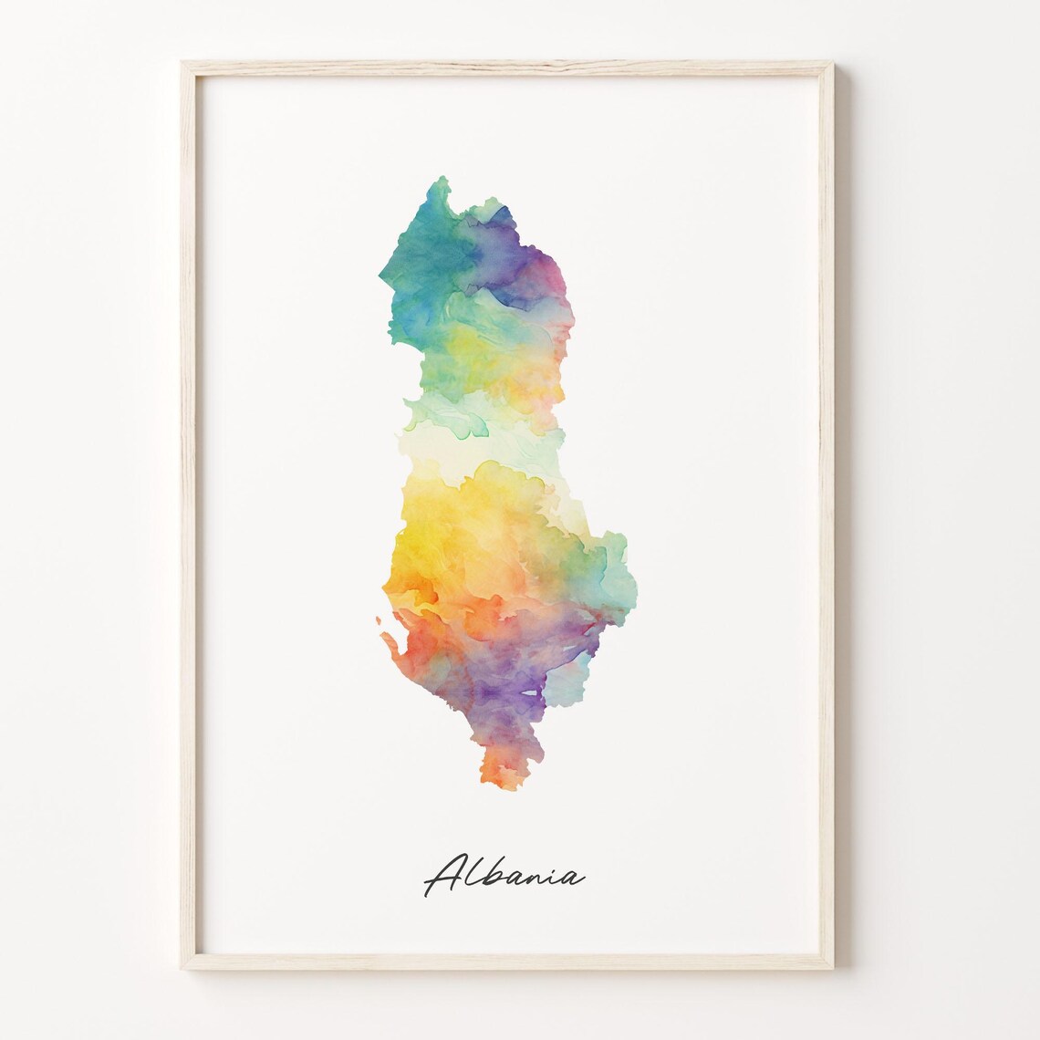 Albania Rainbow Watercolor Map Poster with Hand Lettered Country Script