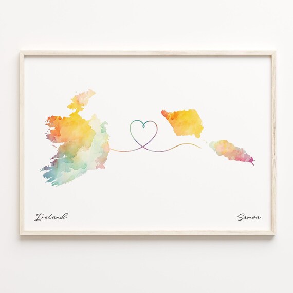 Ireland To Samoa Watercolor Heart Line Long Distance Travel Map Print