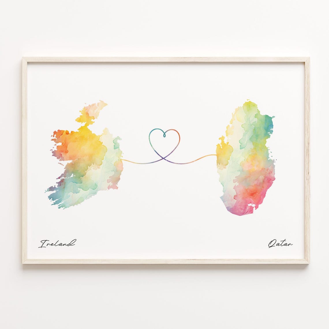 Ireland To Qatar Watercolor Countries Heart Map Connection Art Print