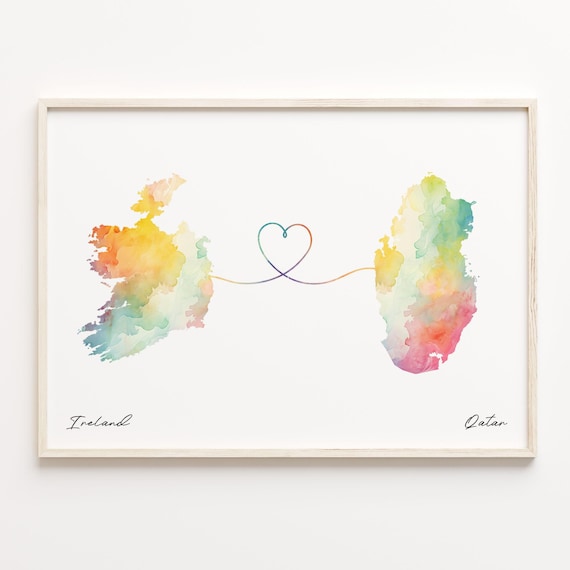 Ireland To Qatar Watercolor Countries Heart Map Connection Art Print
