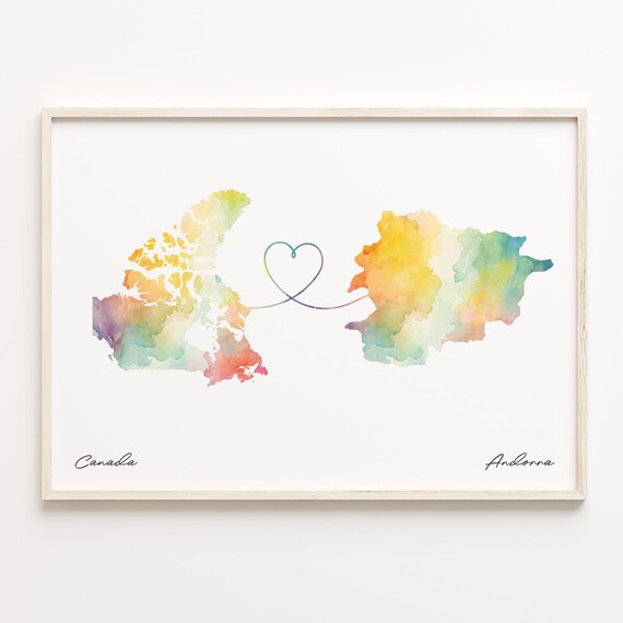 Canada To Andorra Watercolor Heart Map Long Distance Love Poster