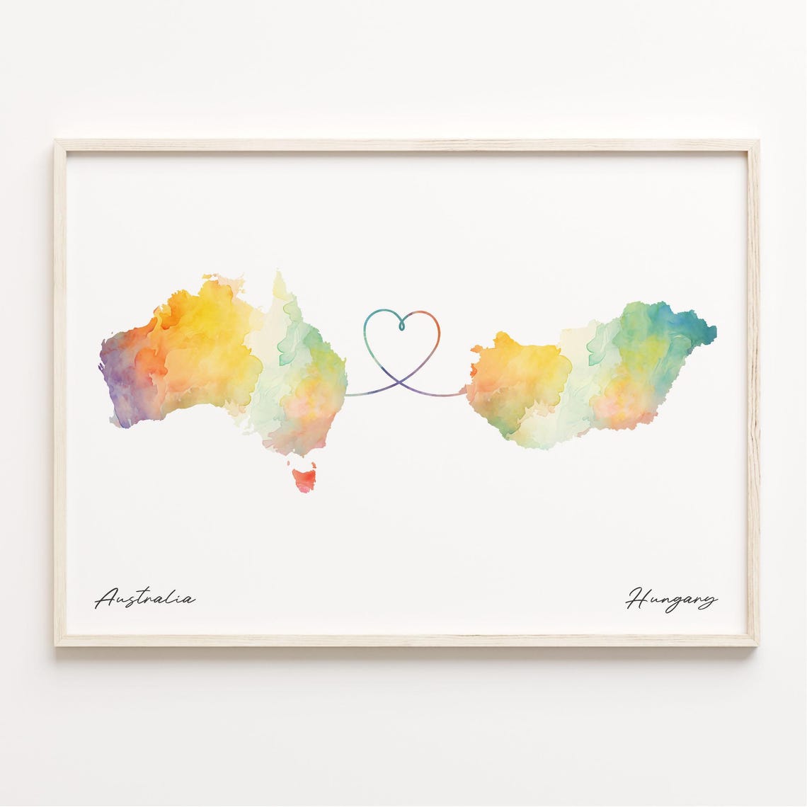 Australia Hungary Watercolor Long Distance Heart Map Art Poster