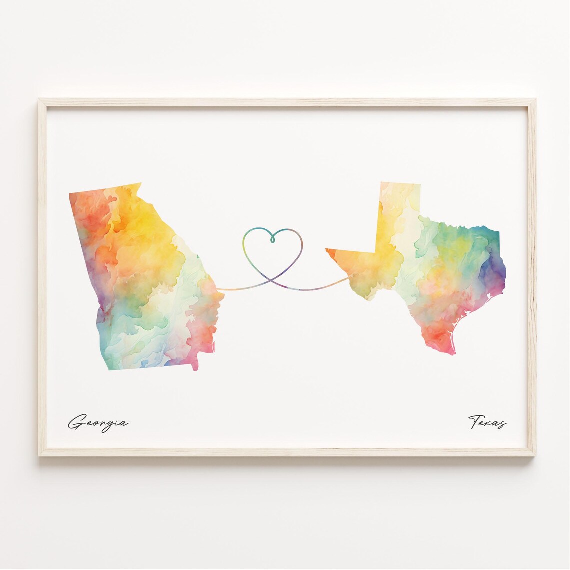 Georgia To Texas Watercolor Map Heart Long Distance Love Poster
