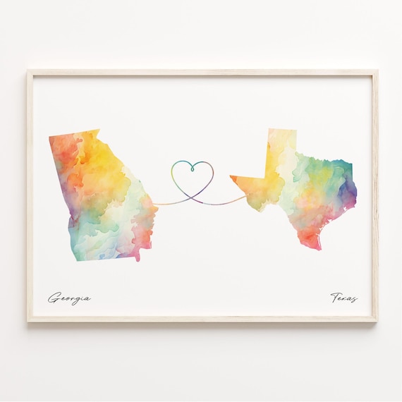 Georgia To Texas Watercolor Map Heart Long Distance Love Poster