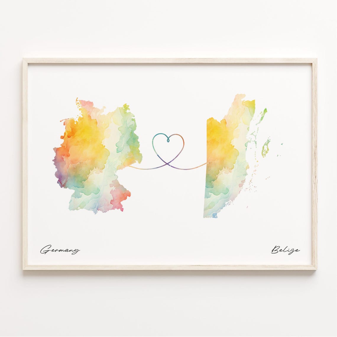 Germany to Belize Watercolor Heart Map Long Distance Love Poster