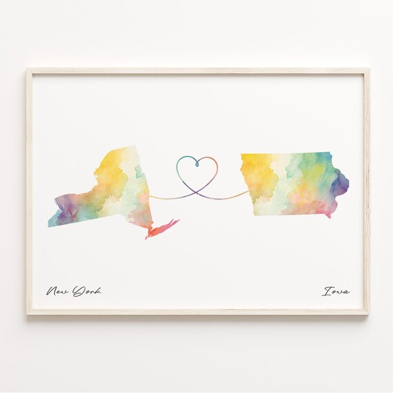 New York To Iowa Watercolor Map Poster With Heart Connection Art