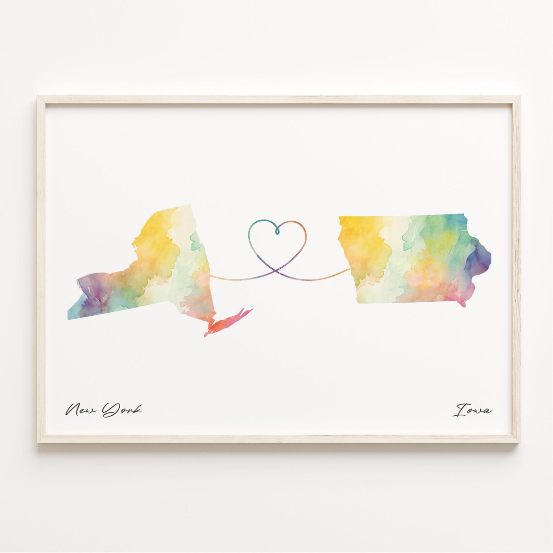 New York To Iowa Watercolor Map Poster With Heart Connection Art