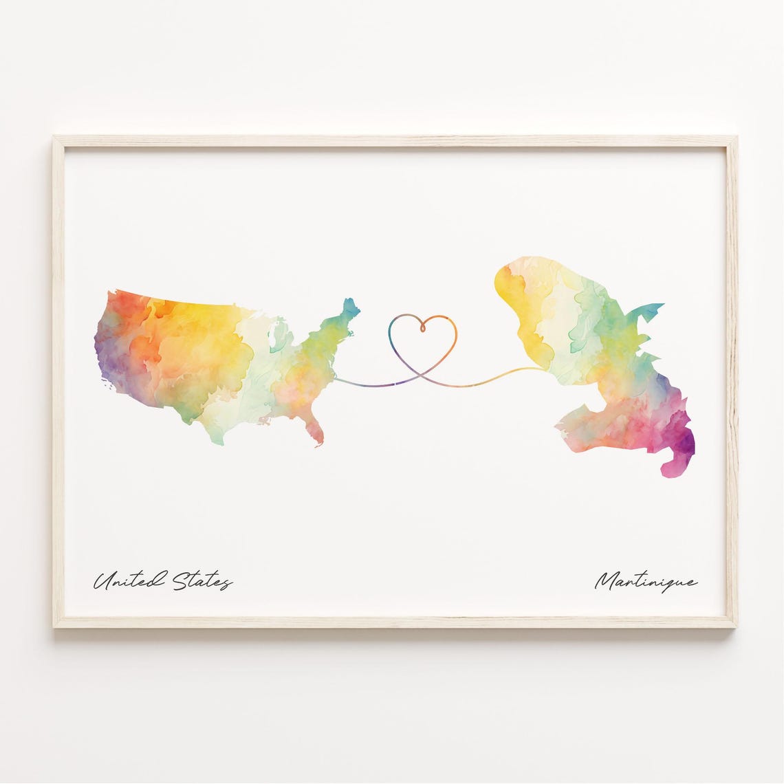 United States To Martinique Watercolor Heart Connection Map Poster