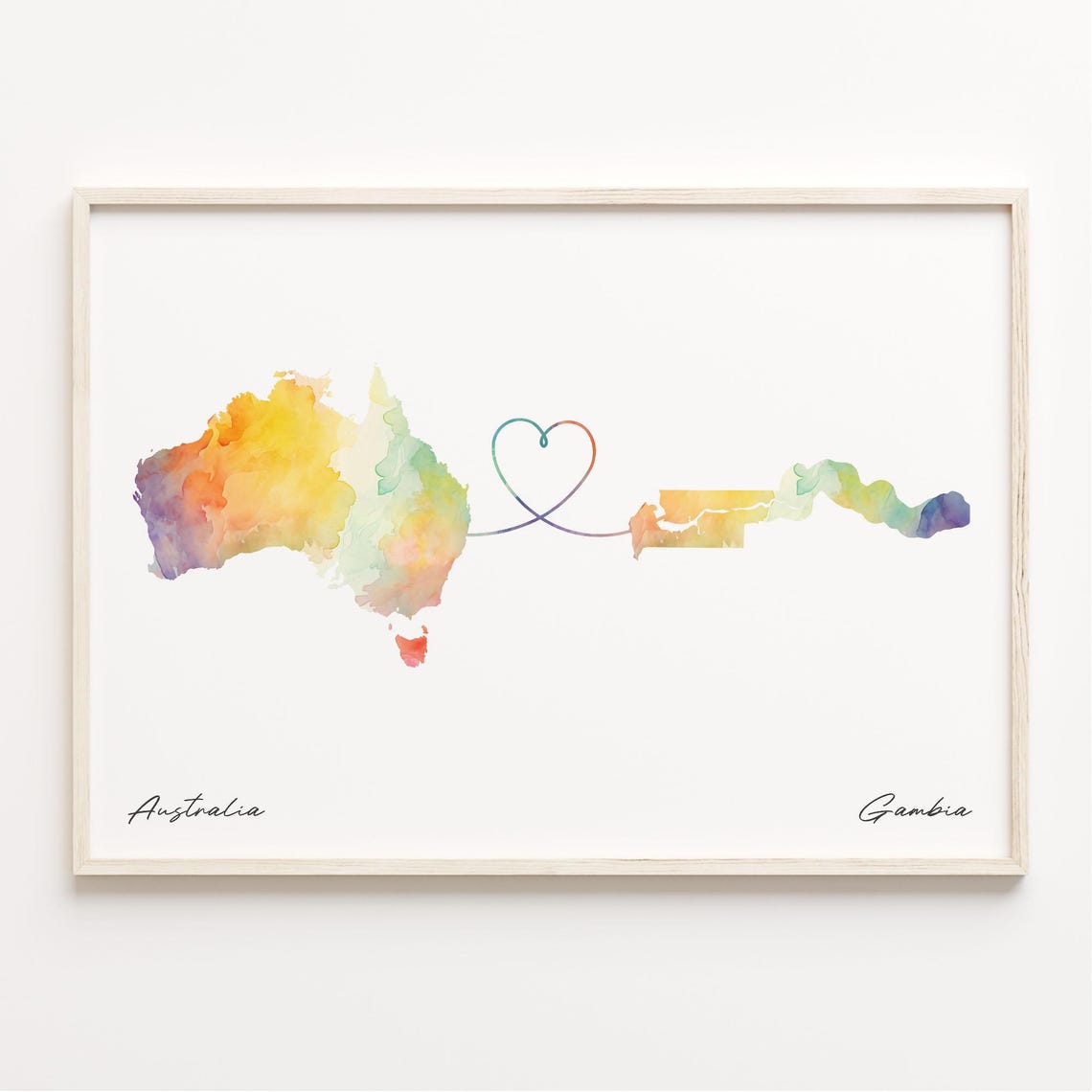 Australia to Gambia Long Distance Watercolor Heart Map Art Print