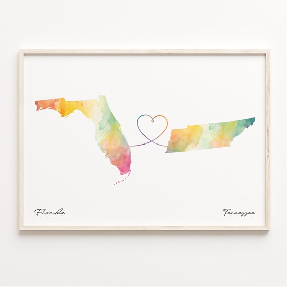 Florida to Tennessee Watercolor Map Long Distance Love Poster