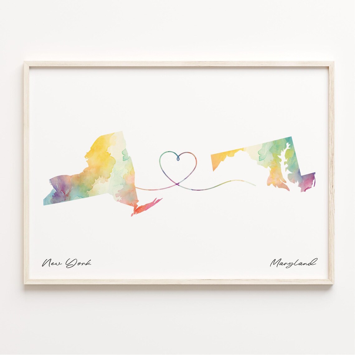 New York to Maryland Long Distance Love Heart States Map Poster