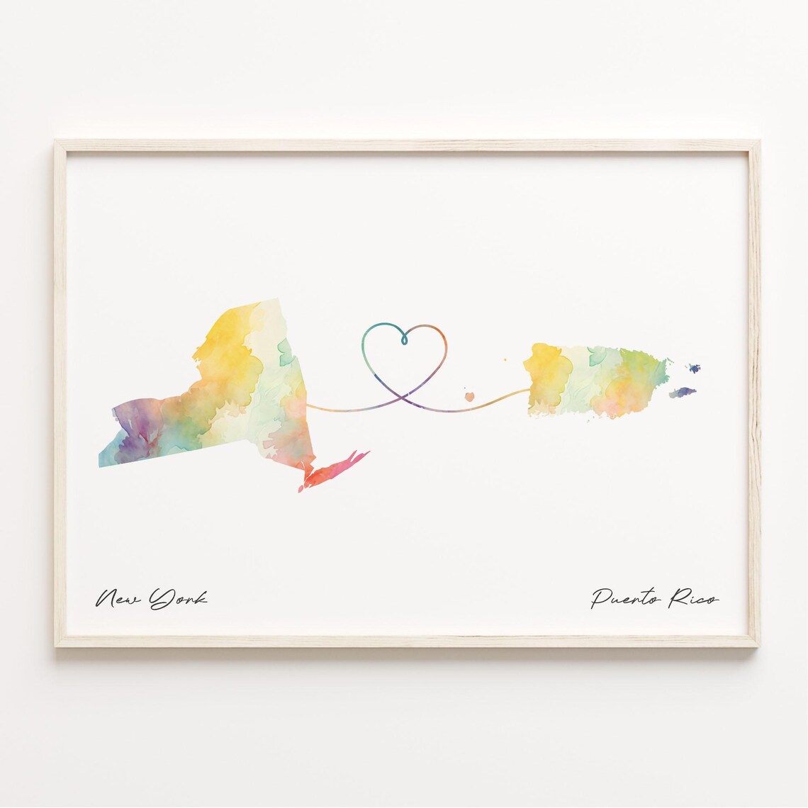 New York to Puerto Rico Watercolor Map Heart Connection Art Poster