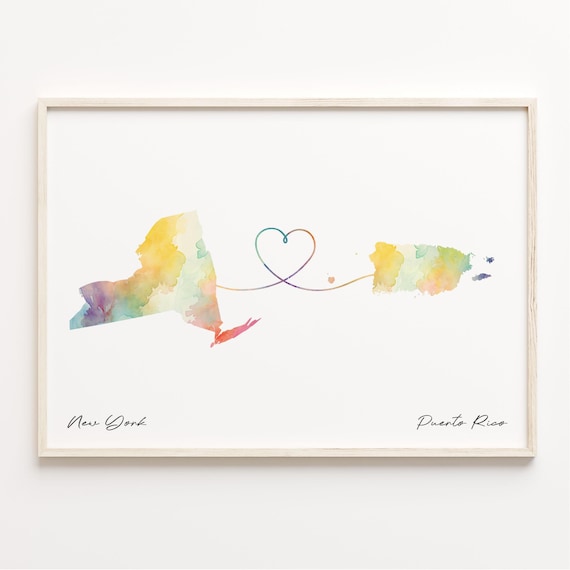 New York to Puerto Rico Watercolor Map Heart Connection Art Poster