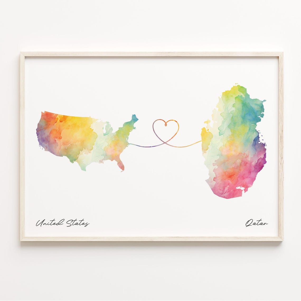United States To Qatar Watercolor Map Heart Connection Poster