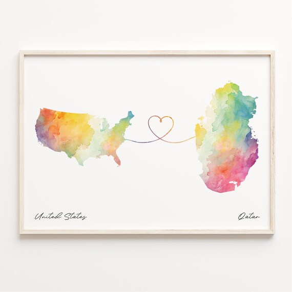 United States To Qatar Watercolor Map Heart Connection Poster