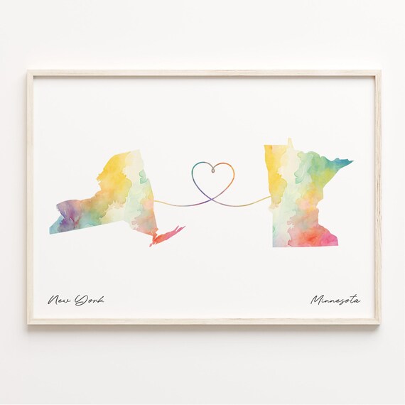 New York To Minnesota Watercolor State Map Connection Art Print