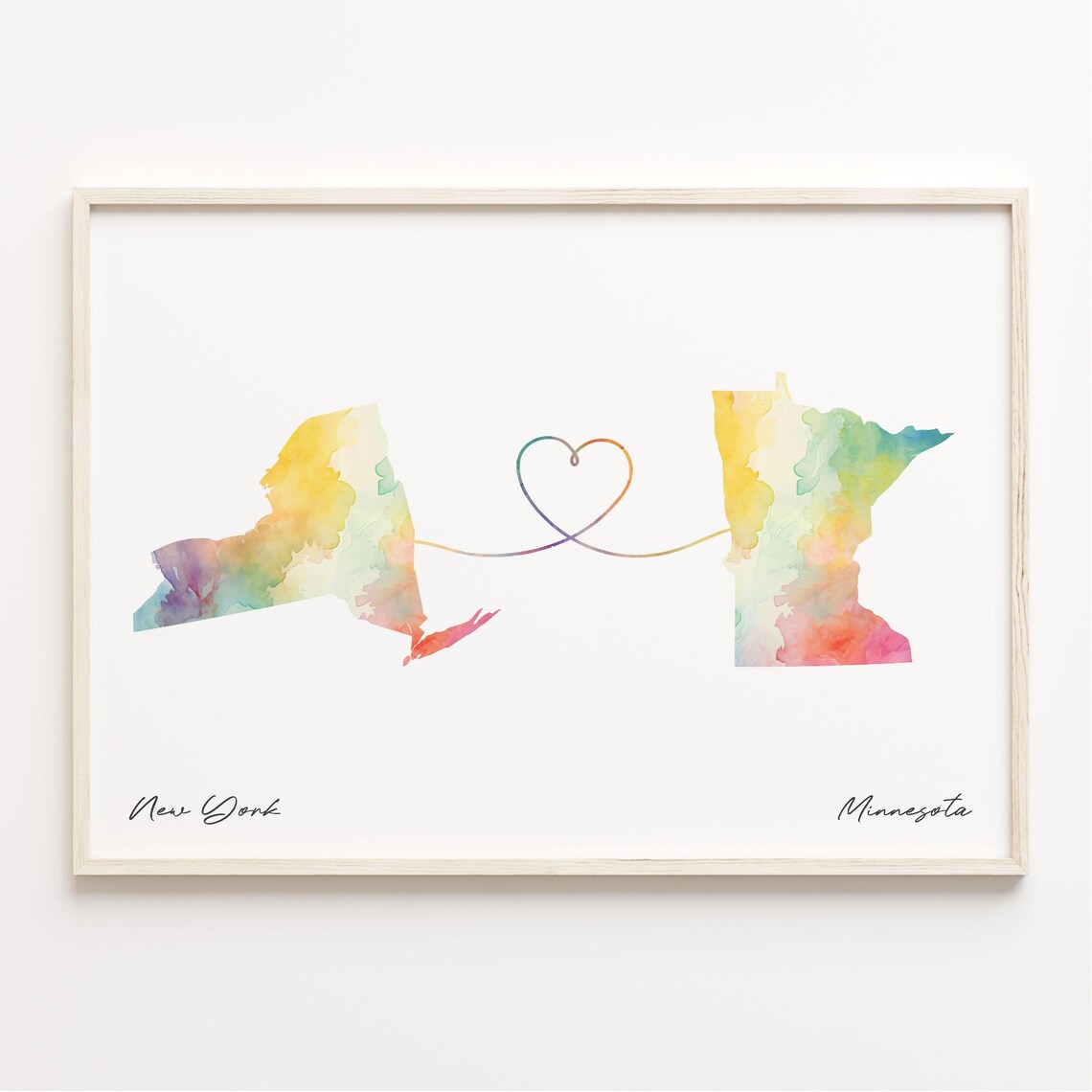 New York To Minnesota Watercolor State Map Connection Art Print
