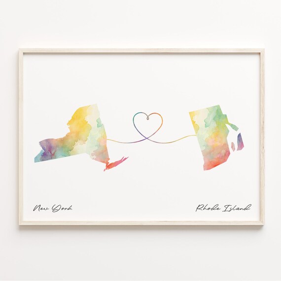 New York to Rhode Island Watercolor Map Heart Connection Art Poster