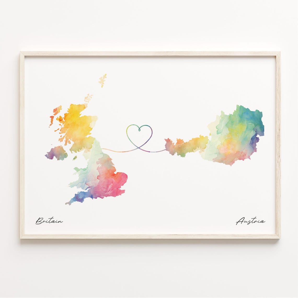 Britain To Austria Watercolor Map Art With Heart Connection Poster