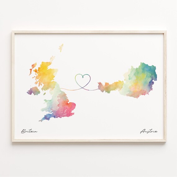 Britain To Austria Watercolor Map Art With Heart Connection Poster