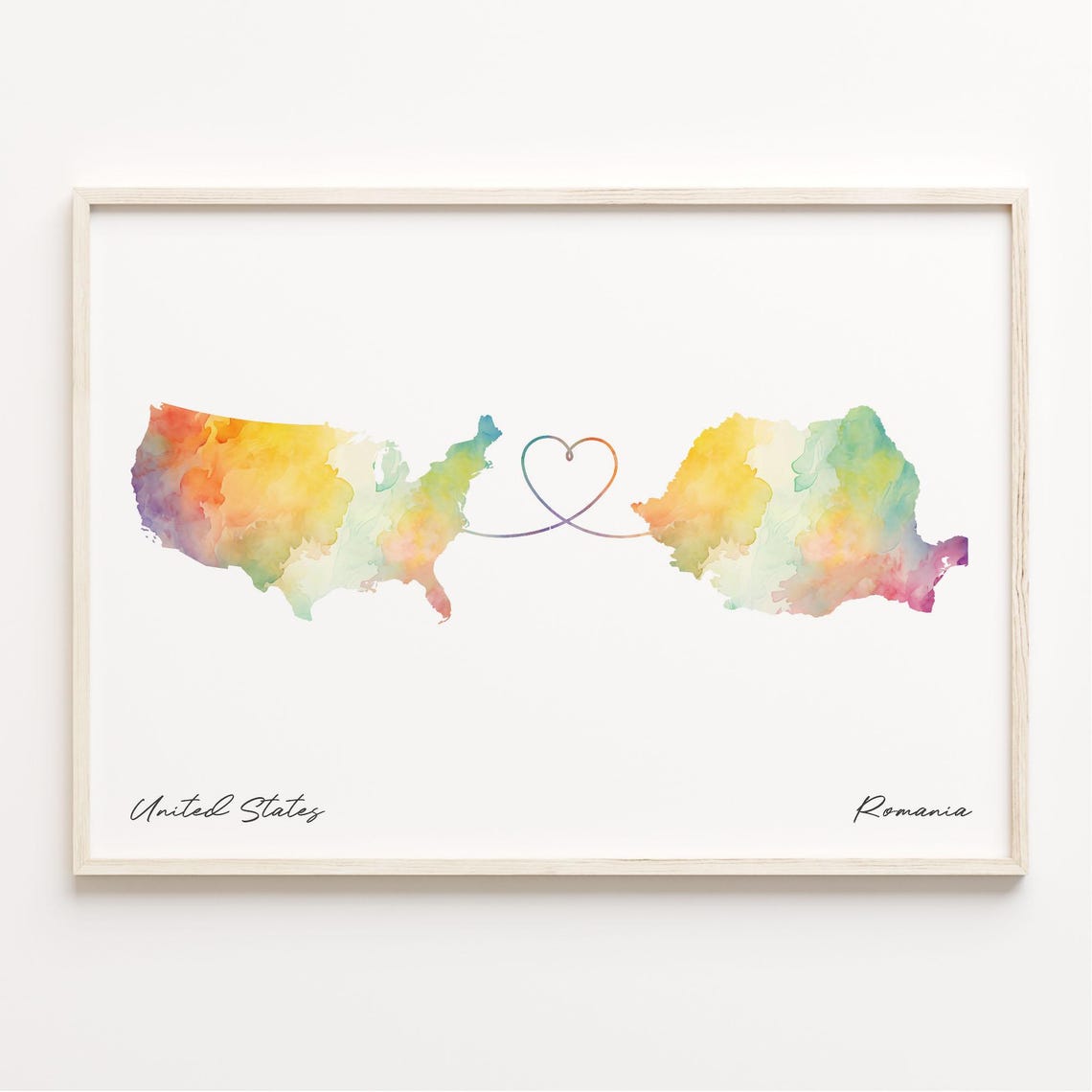 United States Romania Watercolor Map Heart Connection Wall Art