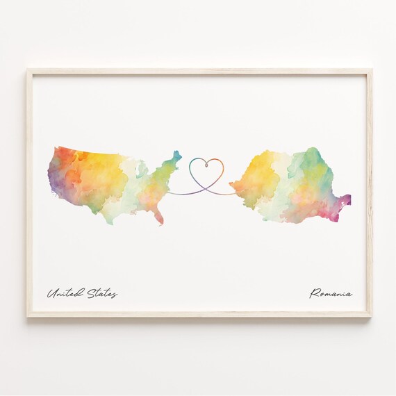 United States Romania Watercolor Map Heart Connection Wall Art