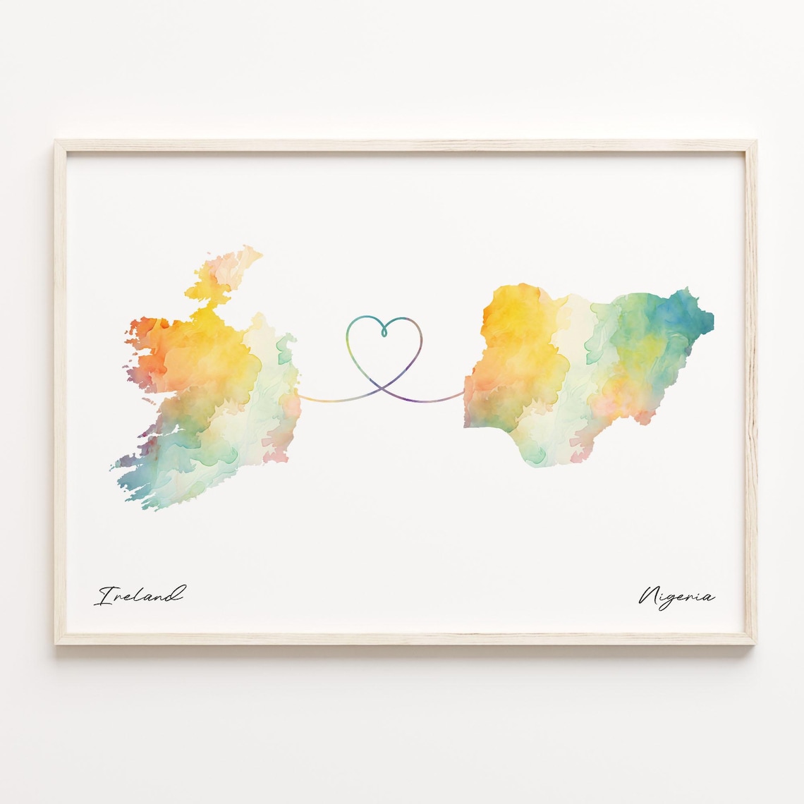 Ireland to Nigeria Watercolor Country Maps Heart Long Distance Love Print