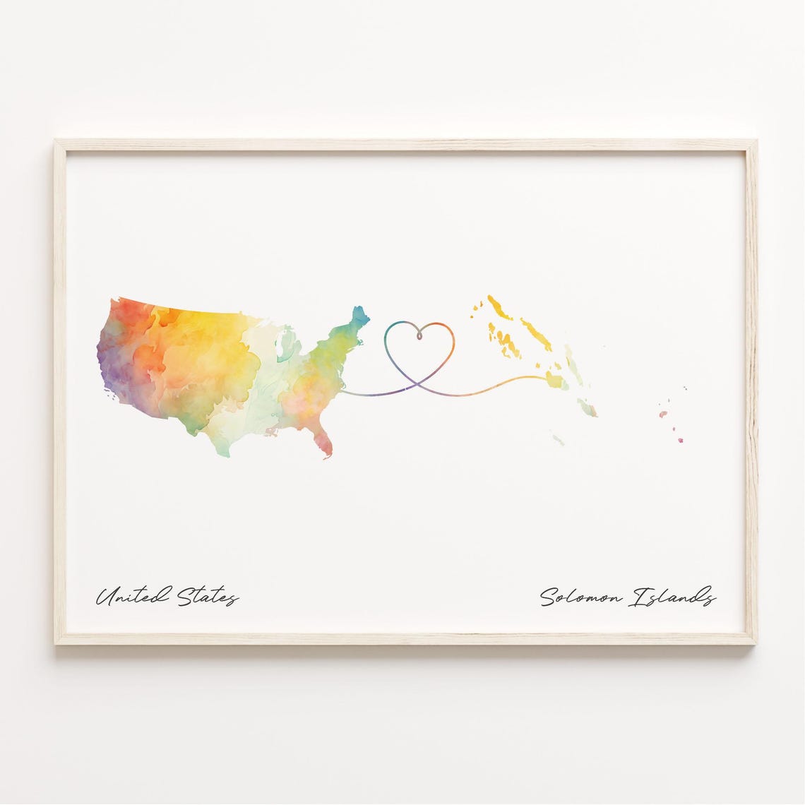 United States to Solomon Islands Watercolor Map Heart Gift Poster
