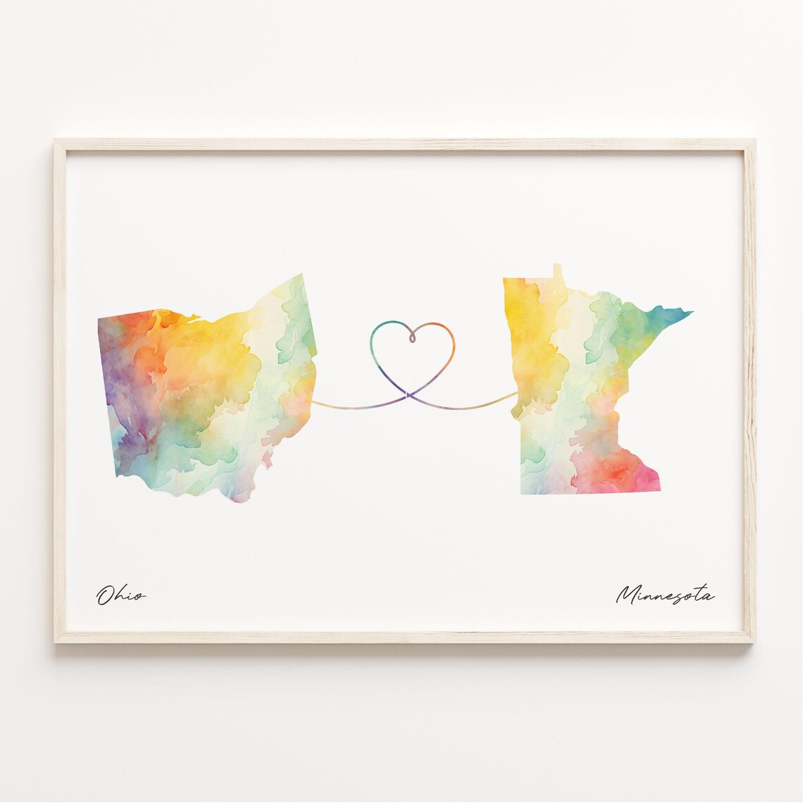Ohio To Minnesota Watercolor Map Heart Connection Long Distance Love Print