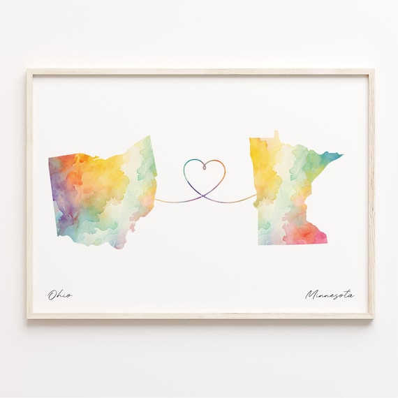Ohio To Minnesota Watercolor Map Heart Connection Long Distance Love Print