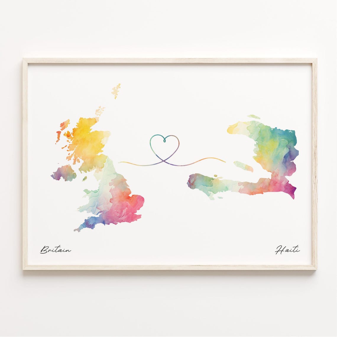 Britain To Haiti Watercolor Map Print With Heart Line Gift For Expats