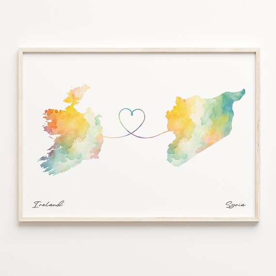 Ireland to Syria Watercolor Heart Map Long Distance Love Print