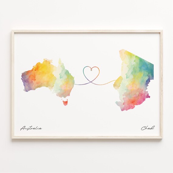 Australia to Chad Watercolor Map Heart Connection Art Print Gift