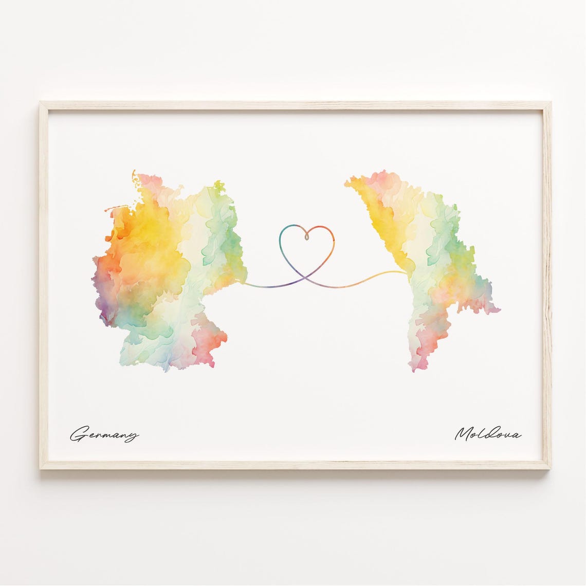 Germany To Moldova Watercolor Heart Map Long Distance Love Poster