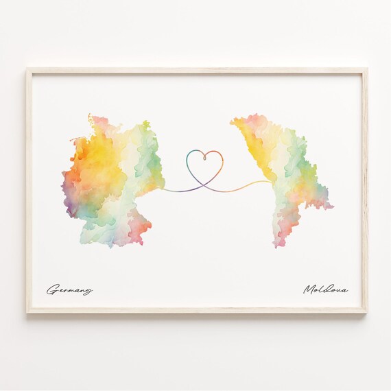Germany To Moldova Watercolor Heart Map Long Distance Love Poster