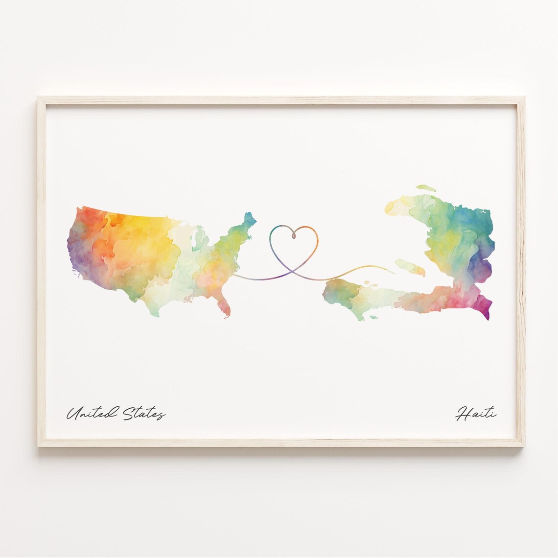 United States to Haiti Watercolor Map Long Distance Love Print