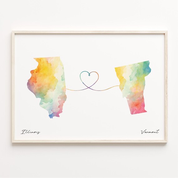 Illinois To Vermont Watercolor Map With Heart Love Line Poster