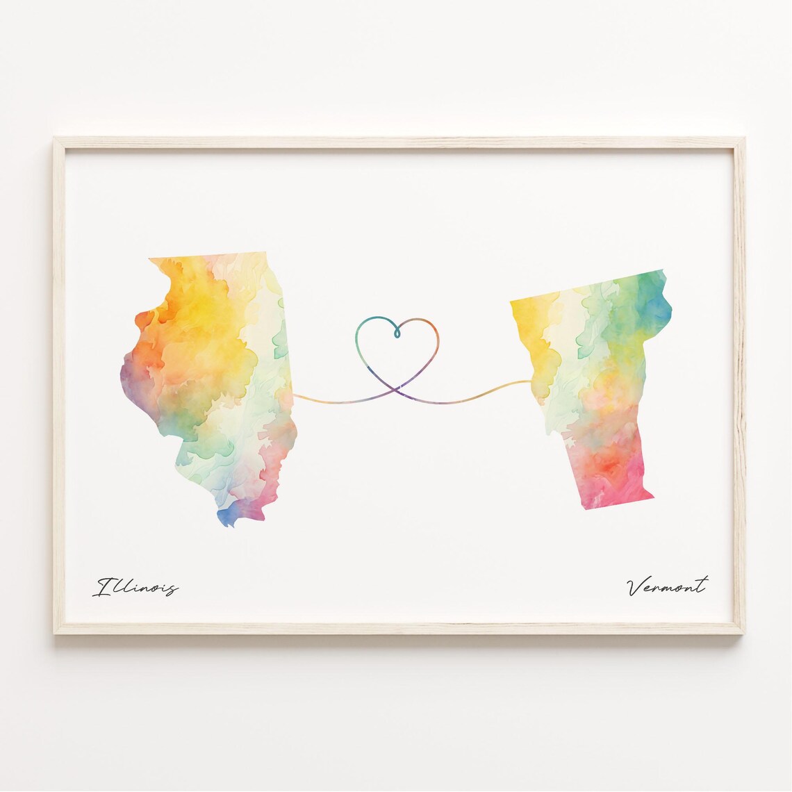 Illinois To Vermont Watercolor Map With Heart Love Line Poster