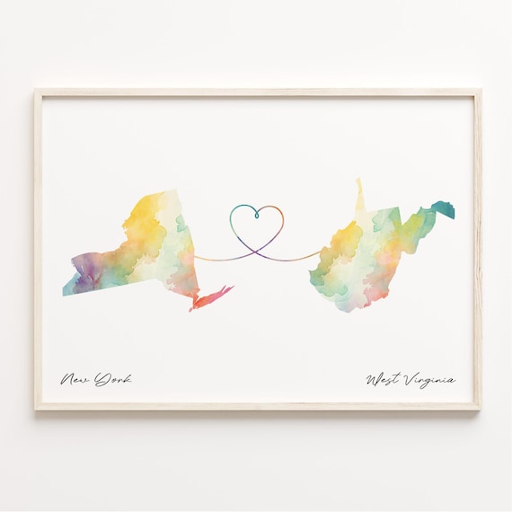 New York To West Virginia Watercolor Map Heart Long Distance Gift Poster