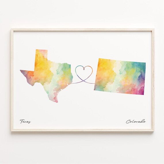 Texas to Colorado Watercolor Map Heart Print Long Distance Love