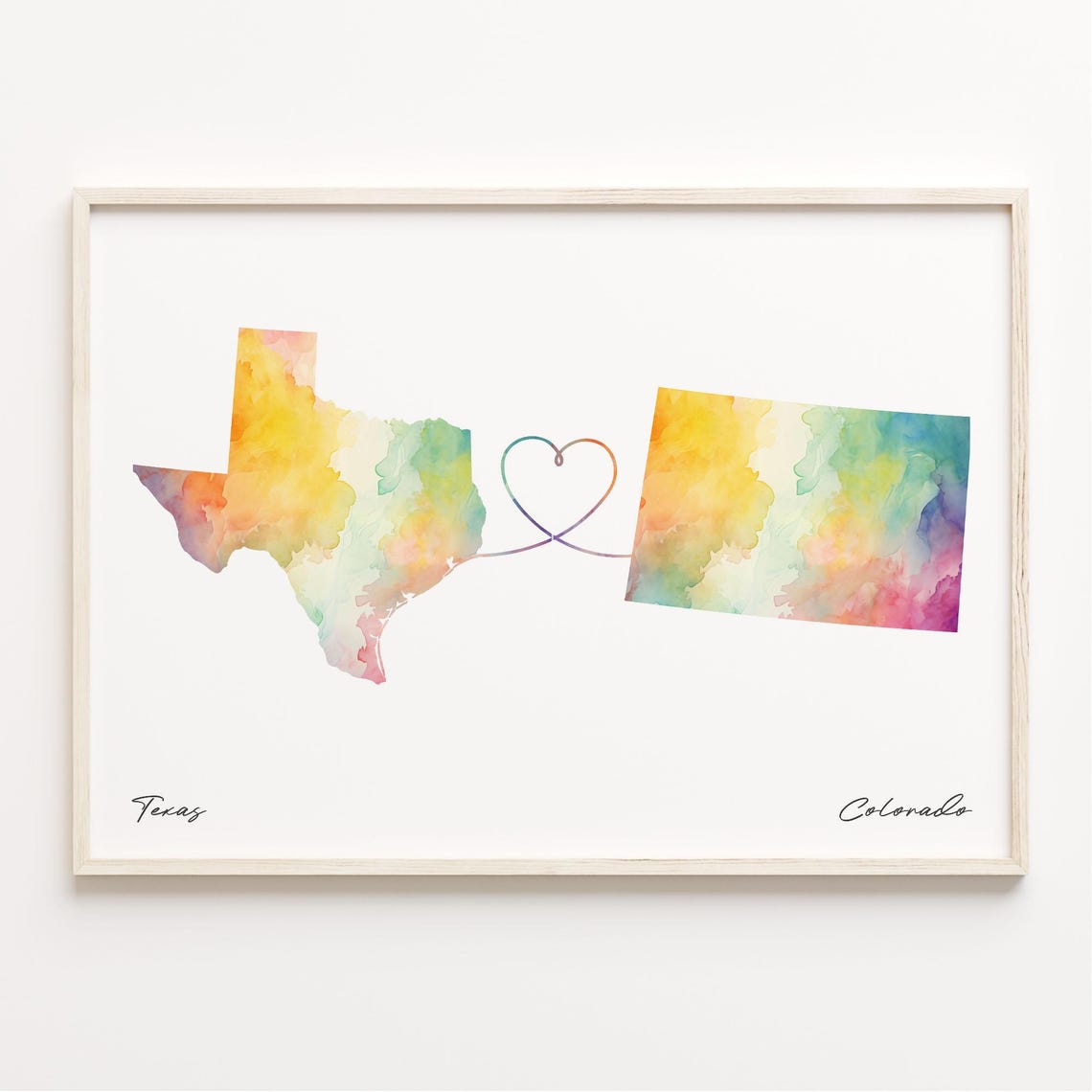 Texas to Colorado Watercolor Map Heart Print Long Distance Love